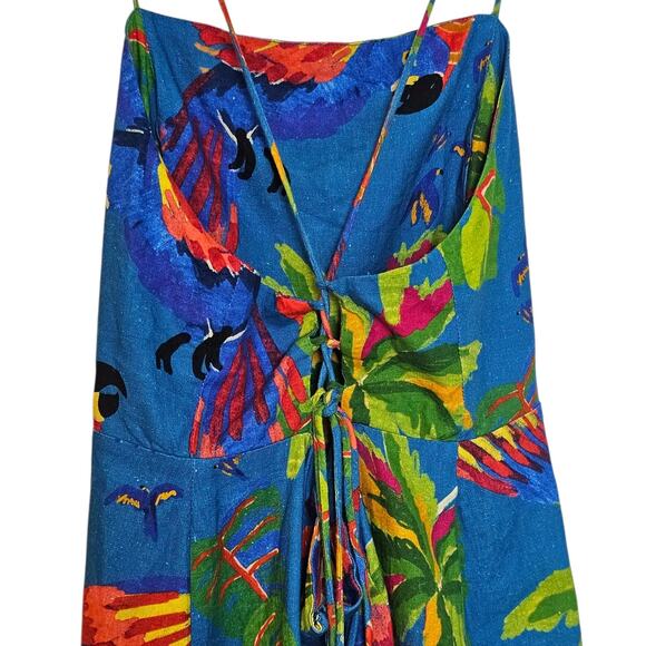 Farm Rio Blue Sunny Day Tropical Toucan & Palm Trees Linen Blend Mini Dress - Picture 7 of 10
